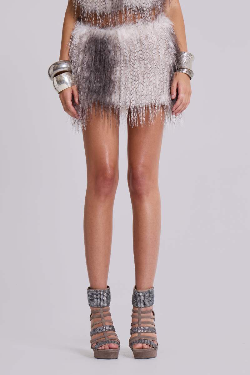 Jaded London Haka Faux Feather Fur Mini Skirt Grey