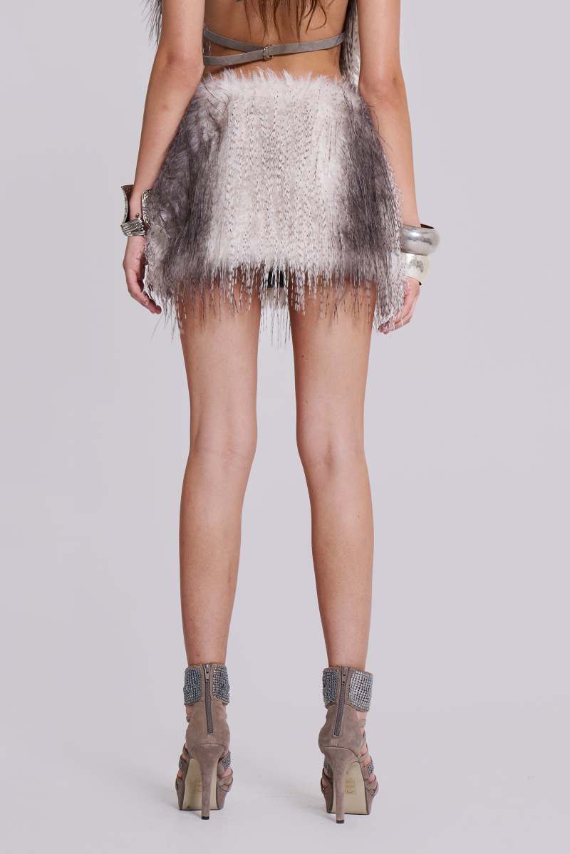 Jaded London Haka Faux Feather Fur Mini Skirt Grey