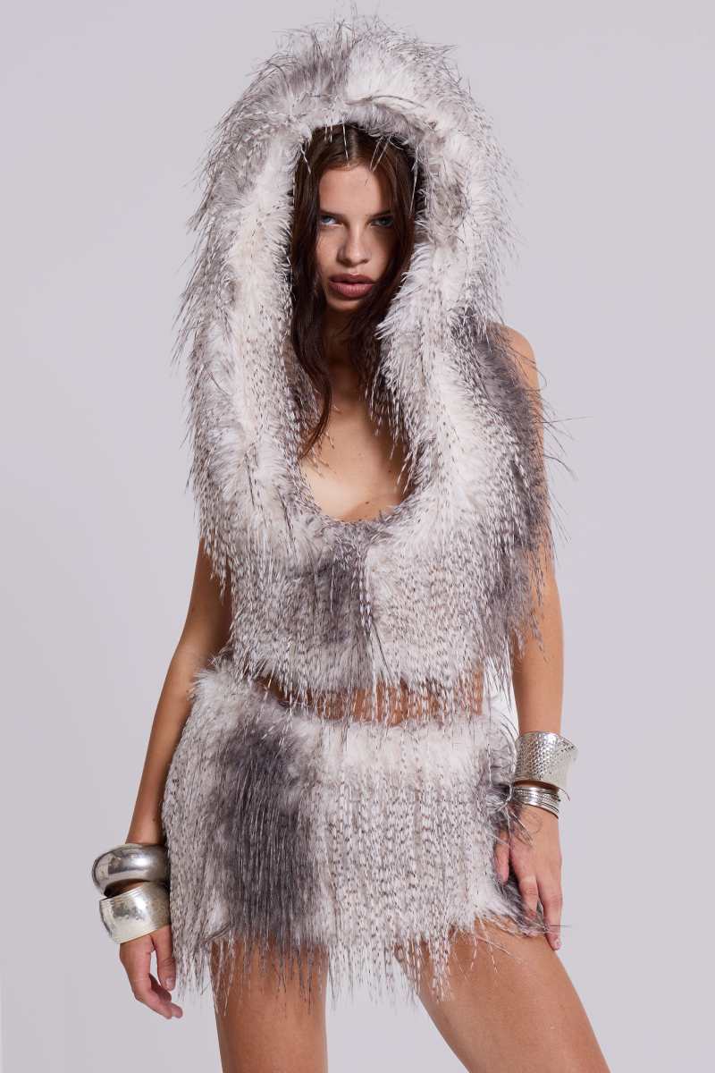 jaded london Haka Faux Feather Fur Mini Skirt Grey