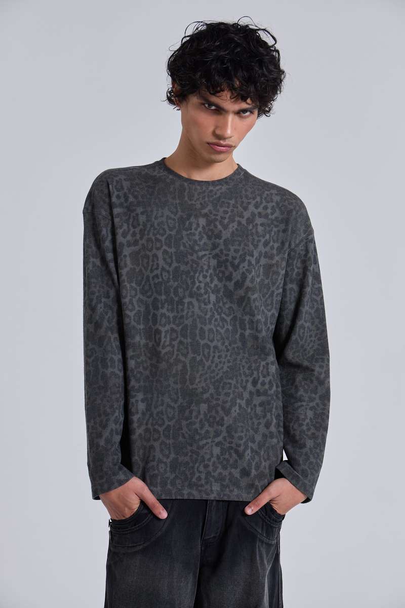 jaded london Irbis Waffle Long Sleeve Top Charcoal