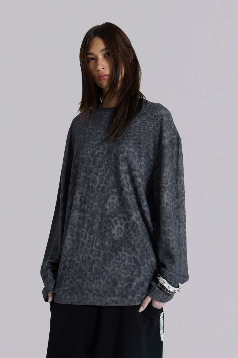 Jaded London Irbis Waffle Long Sleeve Top Grey
