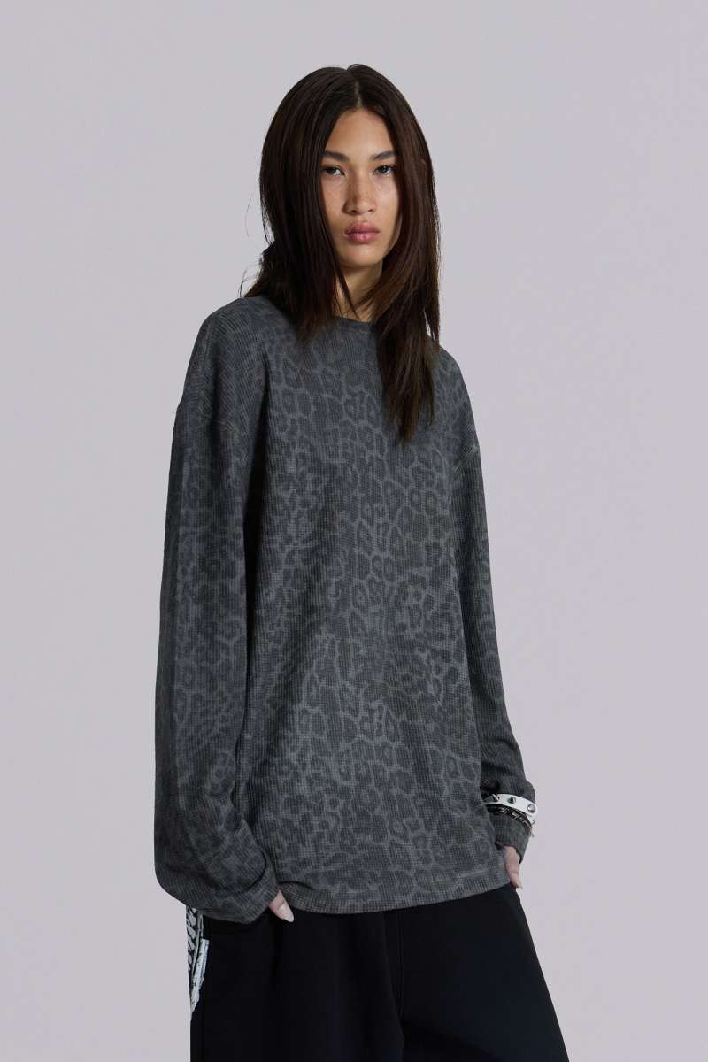 Jaded London Irbis Waffle Long Sleeve Top Grey