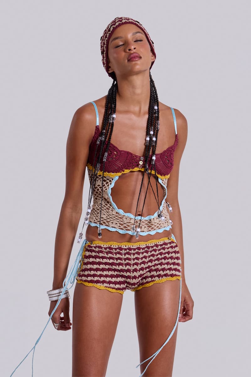 Jaded London Kalani Crochet Mini Shorts Burgundy