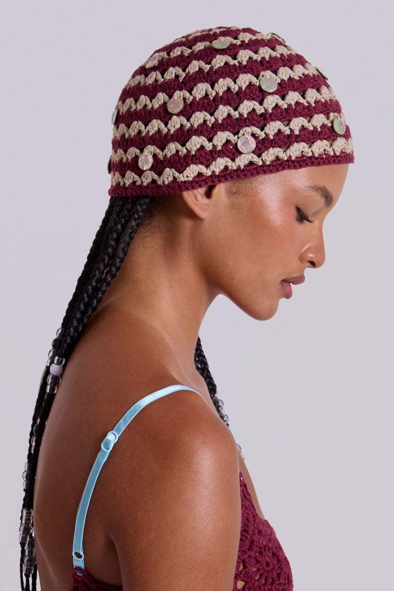 jaded london Kalani Crochet Shell Hat Burgundy