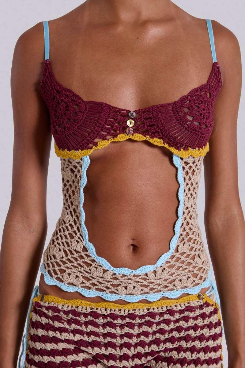 jaded london Kalani Cut Out Crochet Top Burgundy