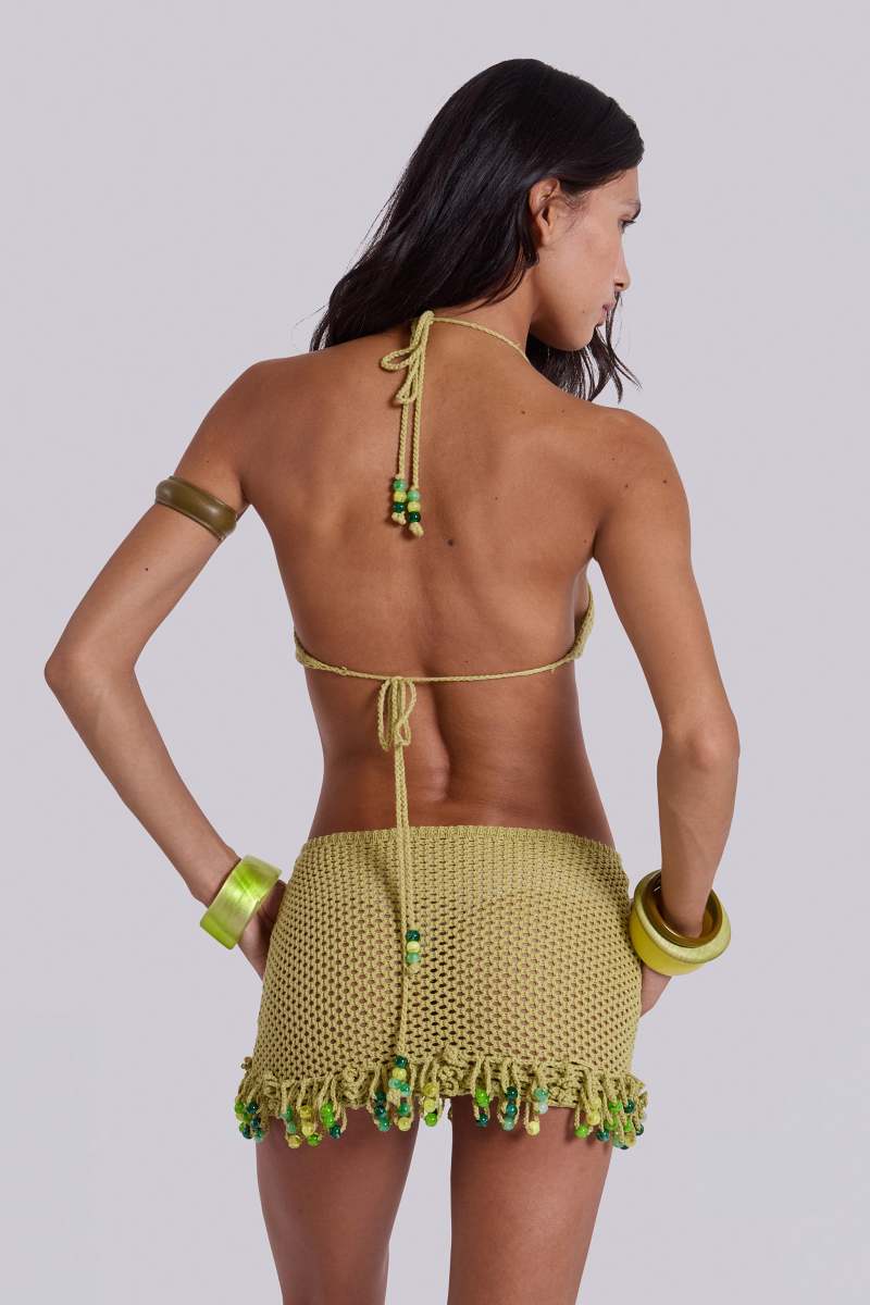 Jaded London Kuuma Beaded Crochet Mini Dress Green