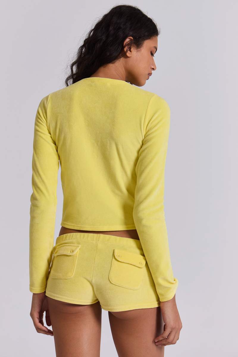 Jaded London Lemon Velour Mini Shorts Yellow