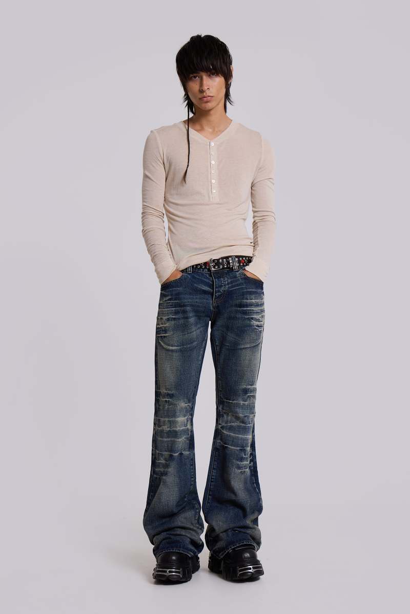 Jaded London Mid Blue Drift Flared Jeans Blue