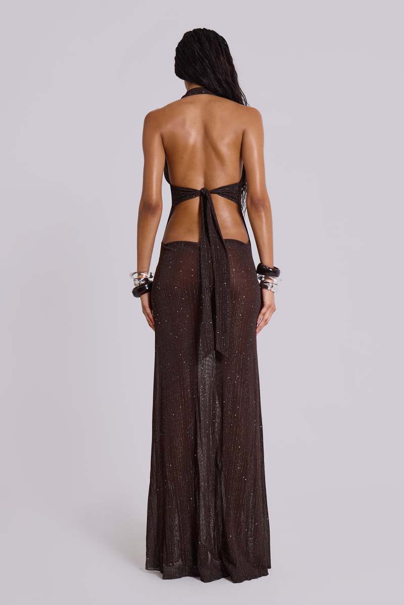 Jaded London Moara Knit Plunge Maxi Dress Brown