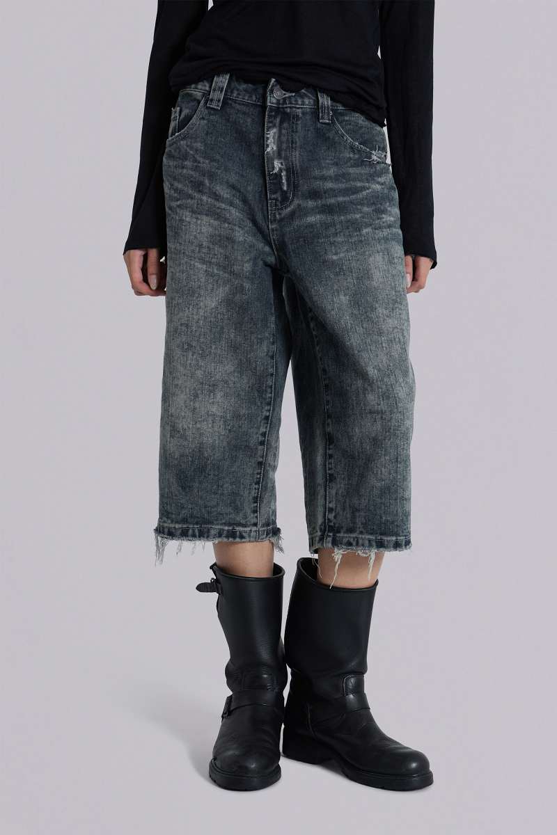 Jaded London Nia Slim Leg Distressed Jorts Blue