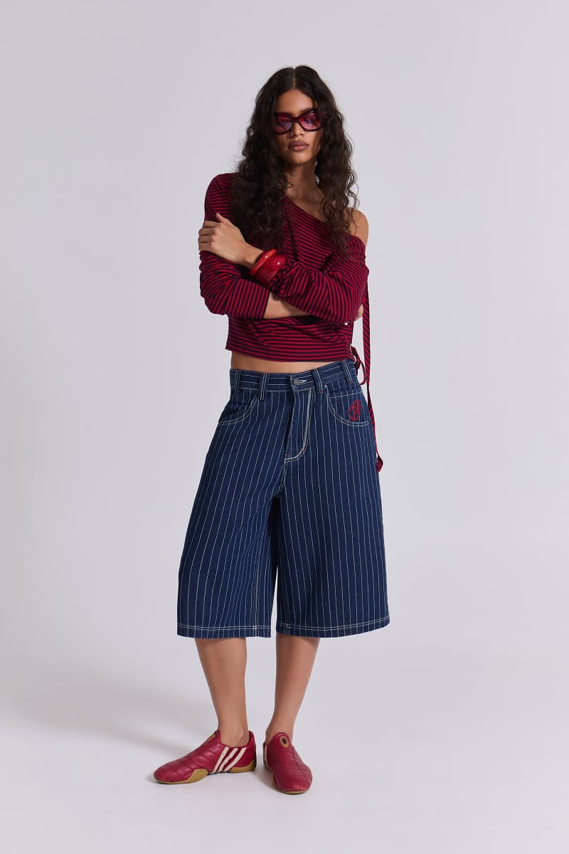 Jaded London Ollie Pinstripe Jorts Blue