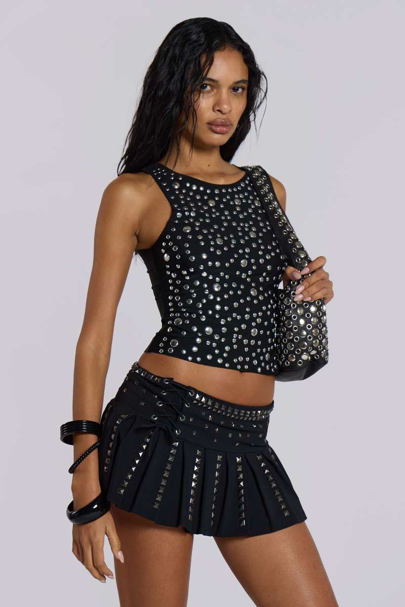 Jaded London Onyx Studded Pleated Skirt Black