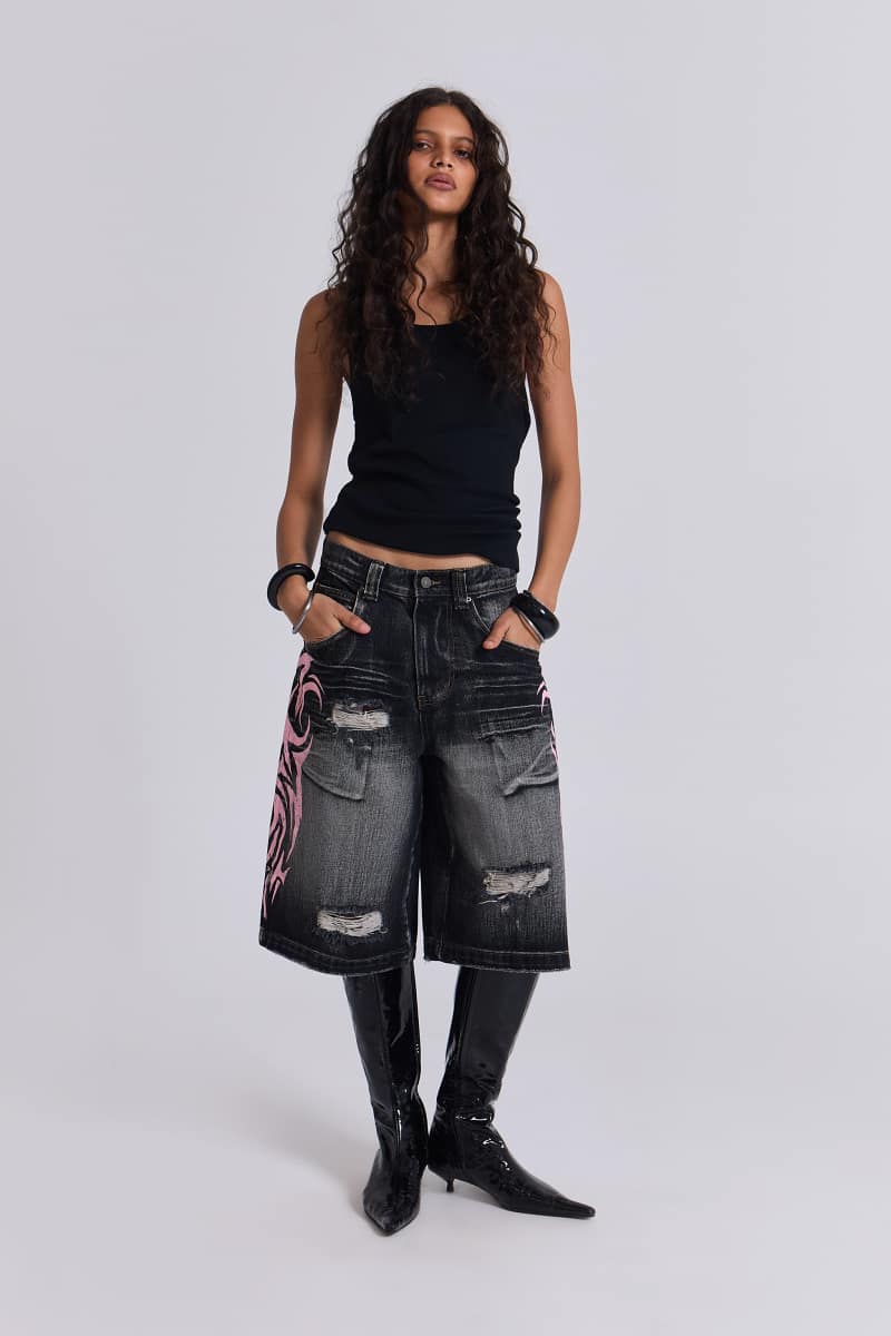 Jaded London Pink Blade Colossus Jorts Black