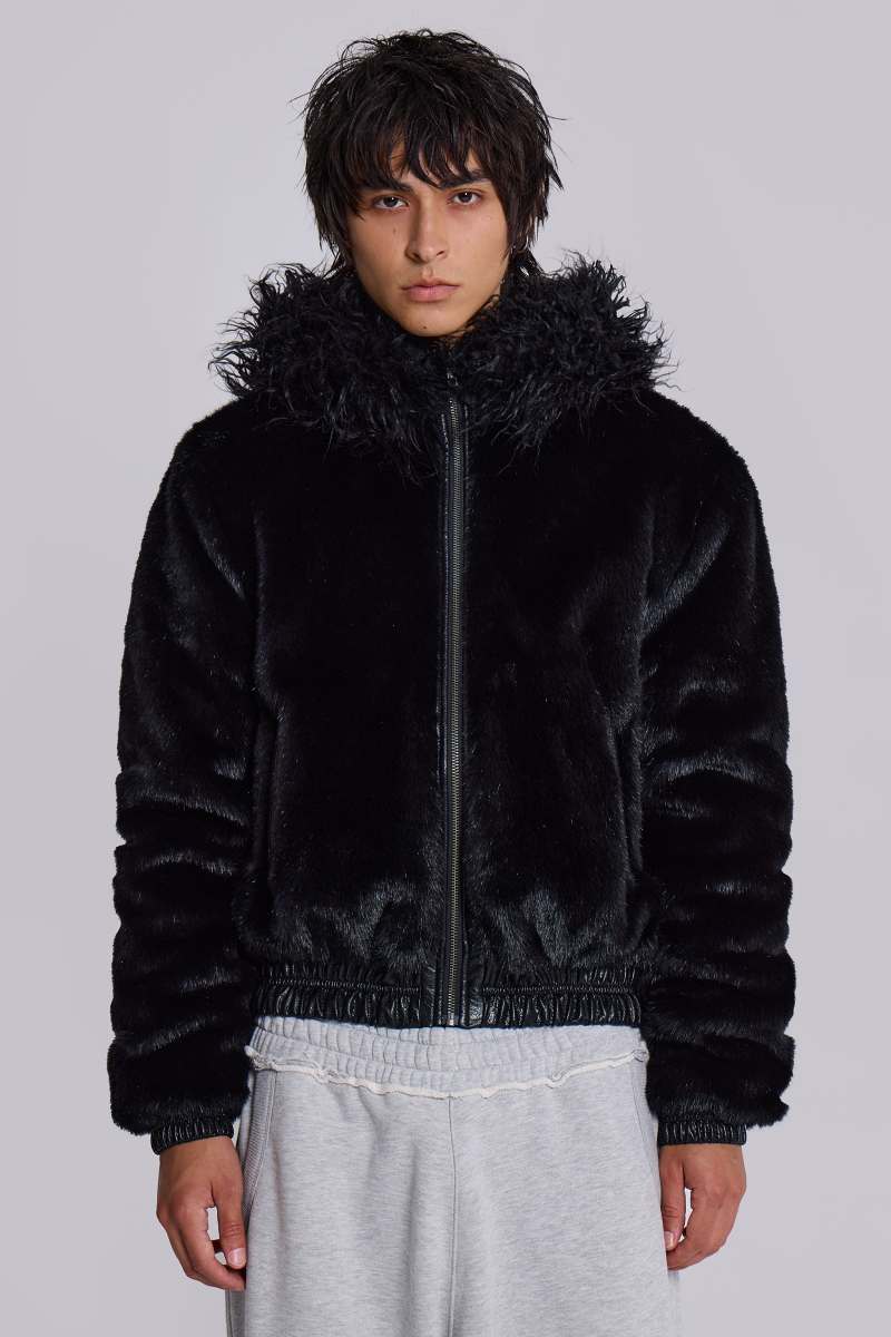Jaded London Raven Faux Fur Jacket Black