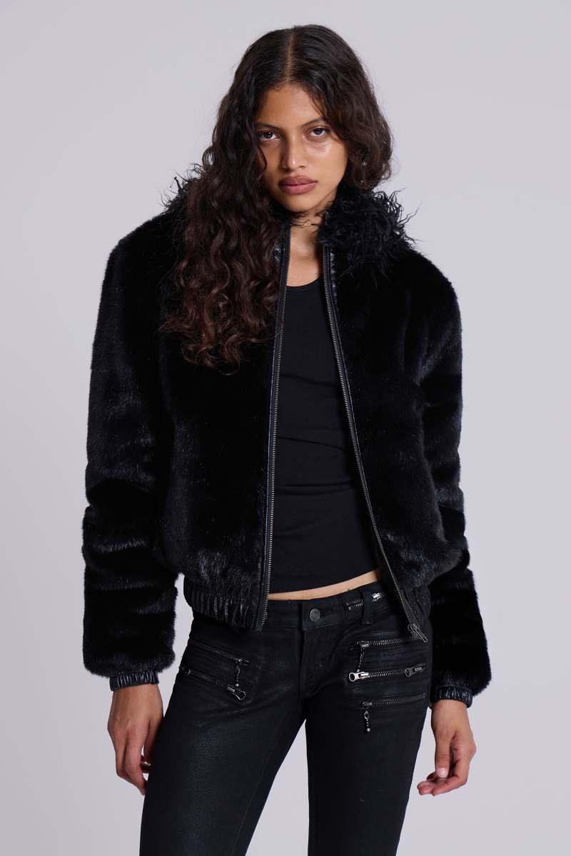 Jaded London Raven Faux Fur Jacket Black