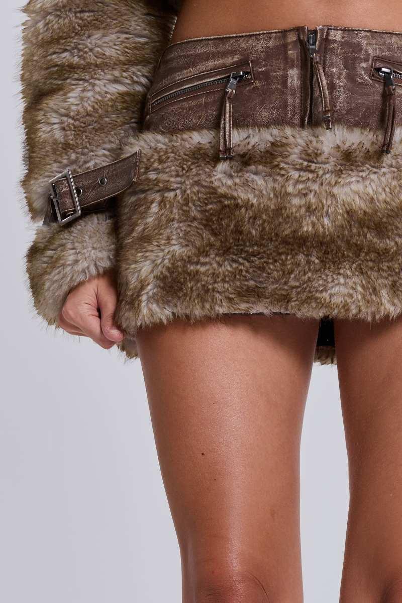 Jaded London Raven Faux Fur & Leather Skirt Brown