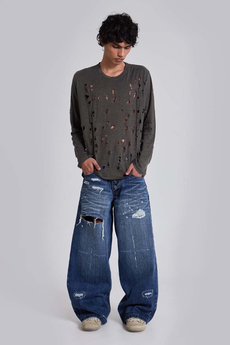 jaded london Rifle Distressed Knit Top Grey