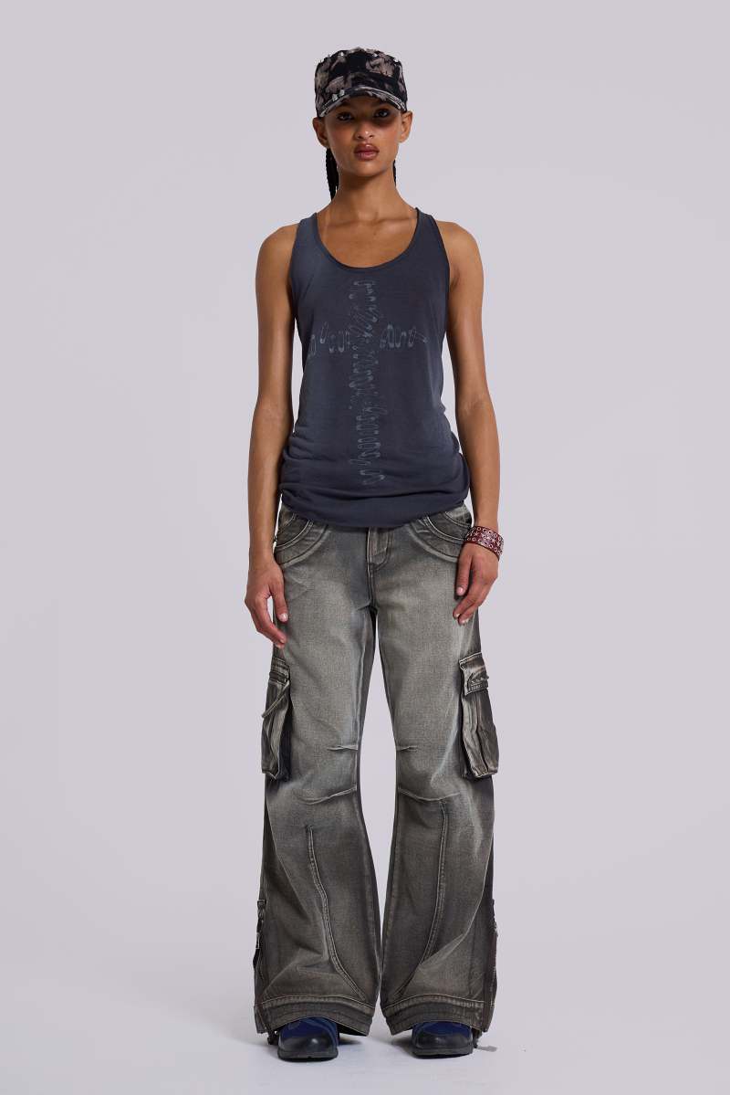 Jaded London Safety Pin Washed Black Tank Grey