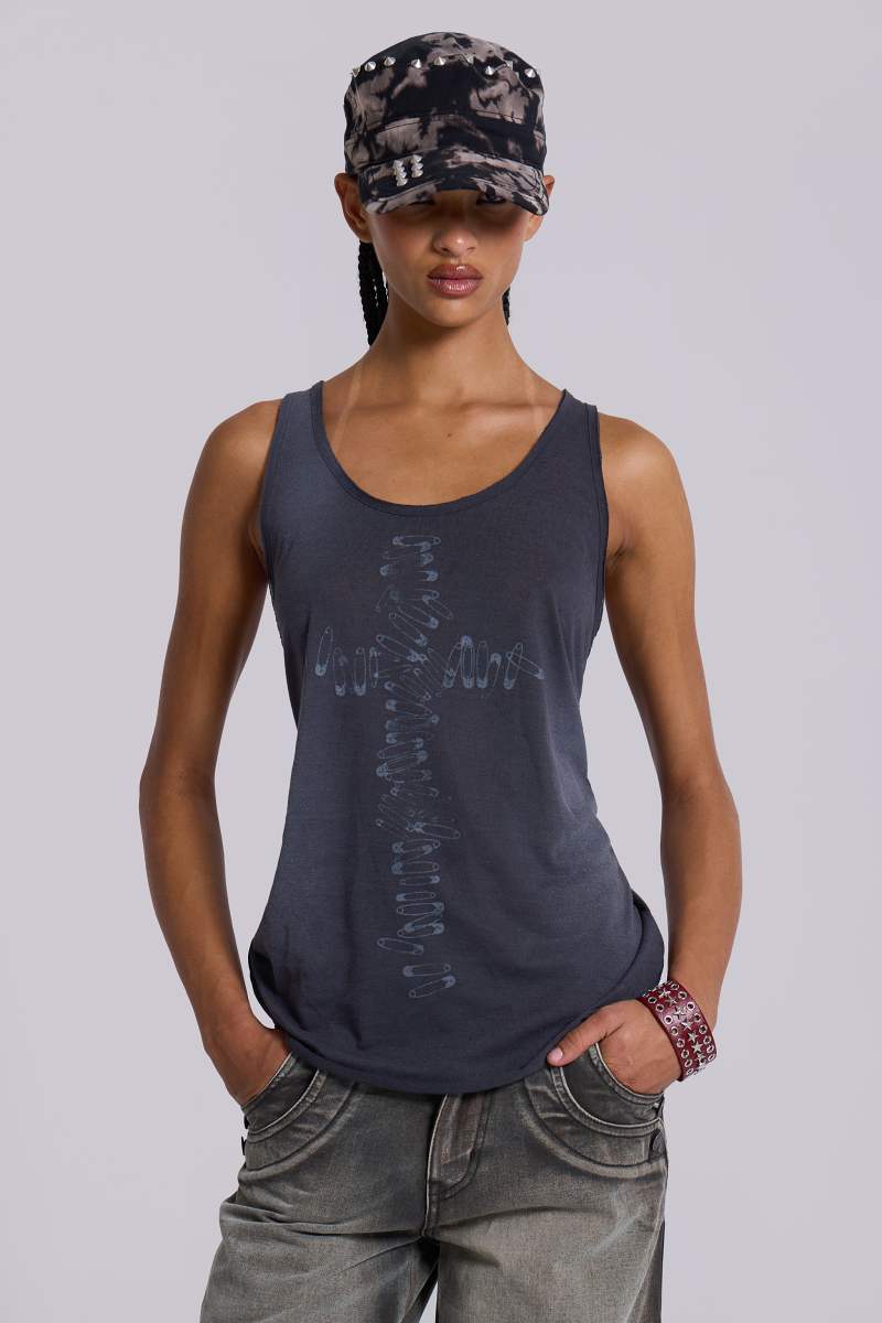 Jaded London Safety Pin Washed Black Tank Grey