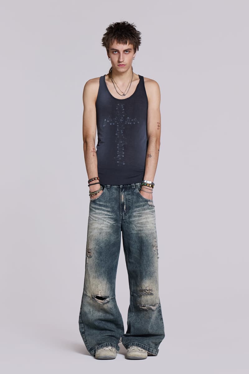 Jaded London Safety Pin Washed Black Tank Grey
