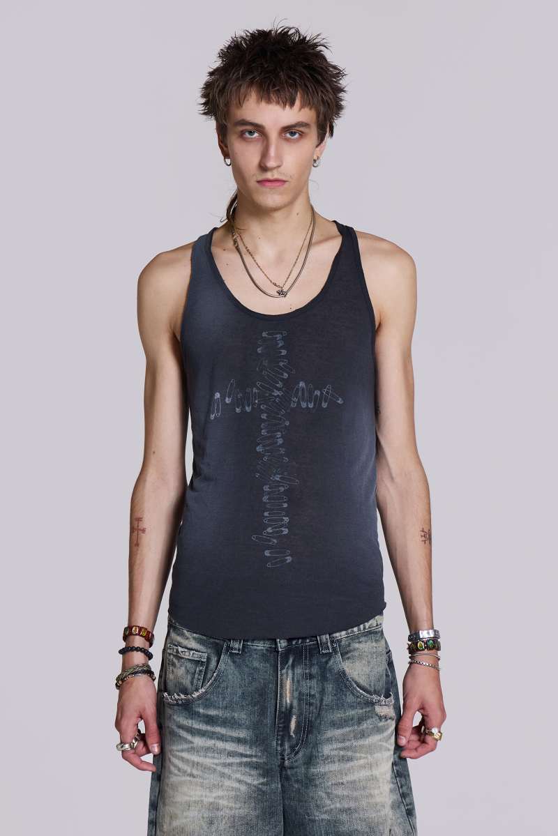 Jaded London Safety Pin Washed Black Tank Grey