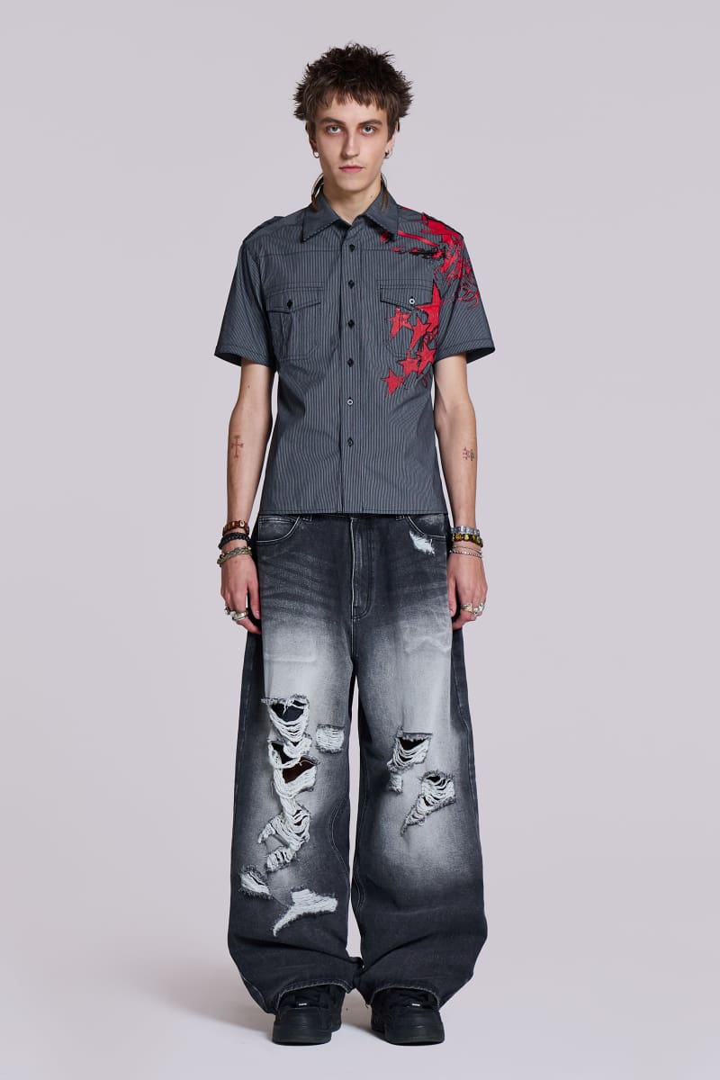 Jaded London Script Pinstripe Shirt Grey