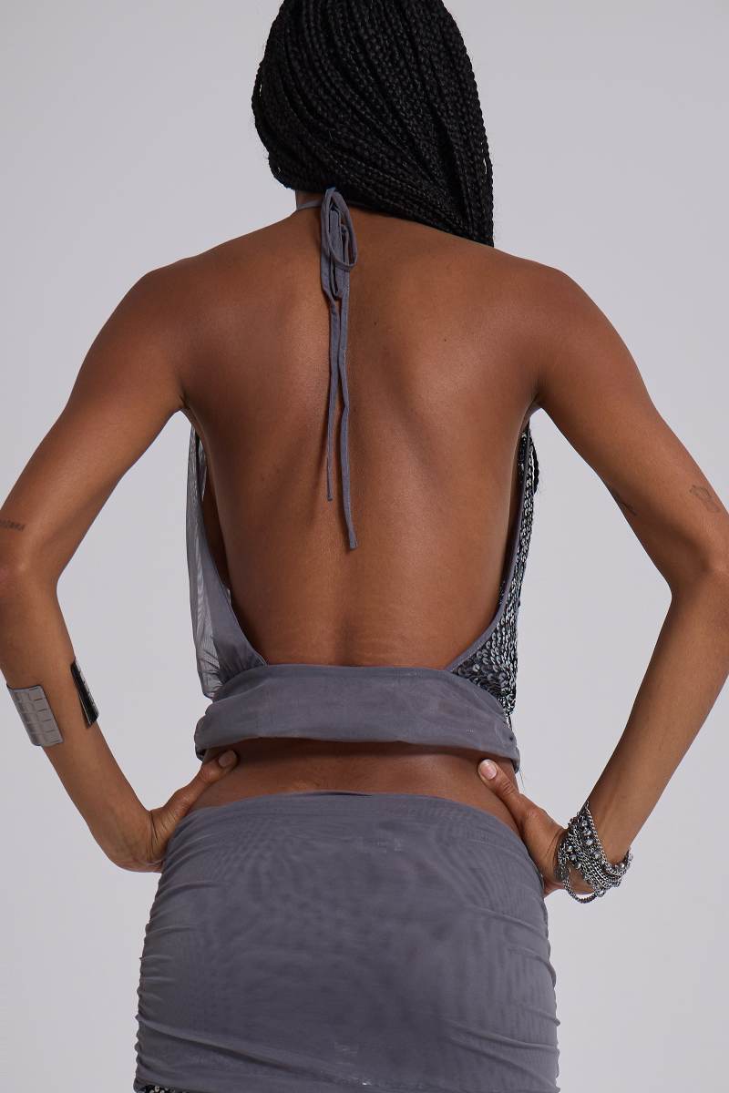 Jaded London Selina Sequin Backless Top Grey