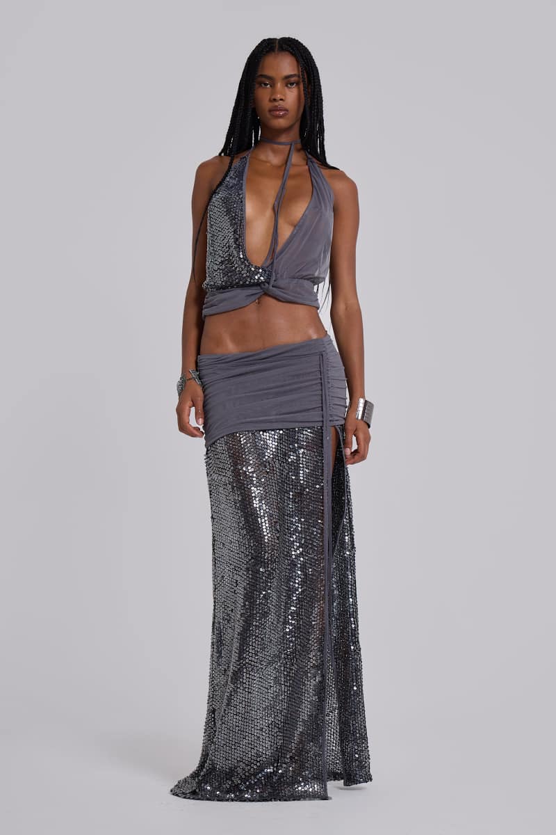 Jaded London Selina Sequin Maxi Skirt Grey