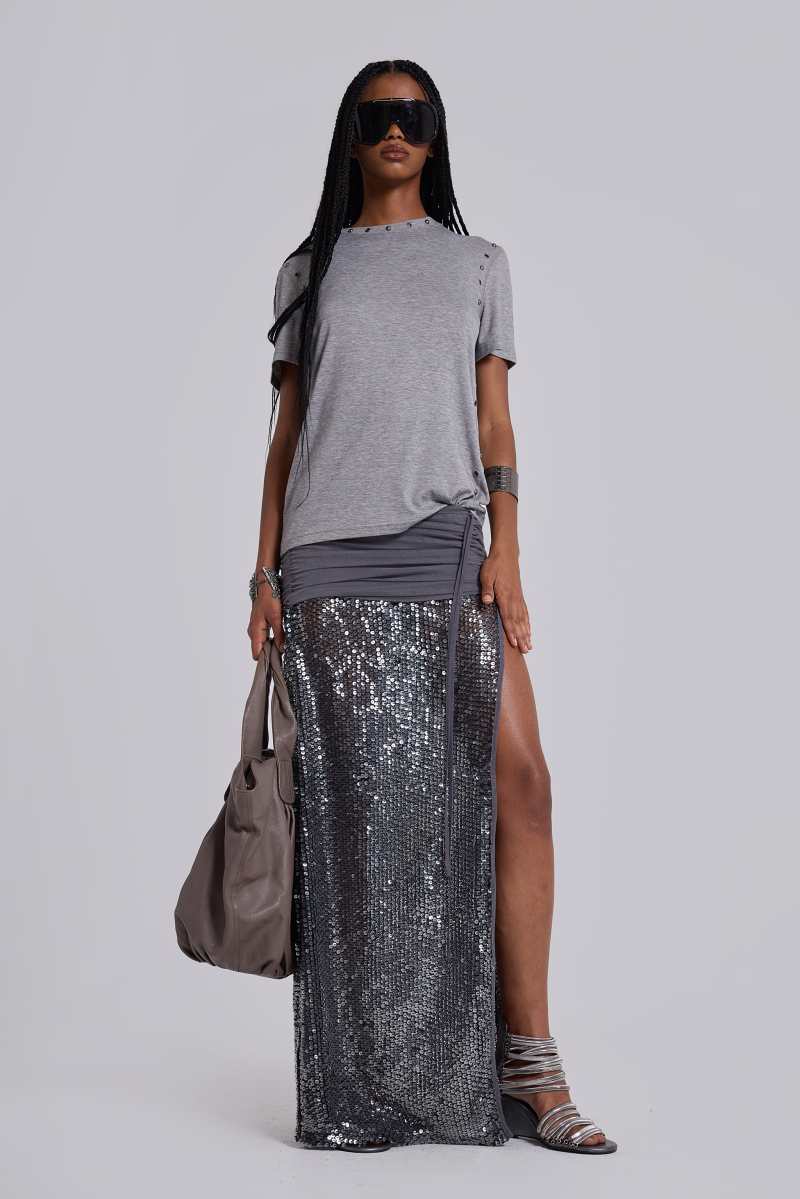 jaded london Selina Sequin Maxi Skirt Grey