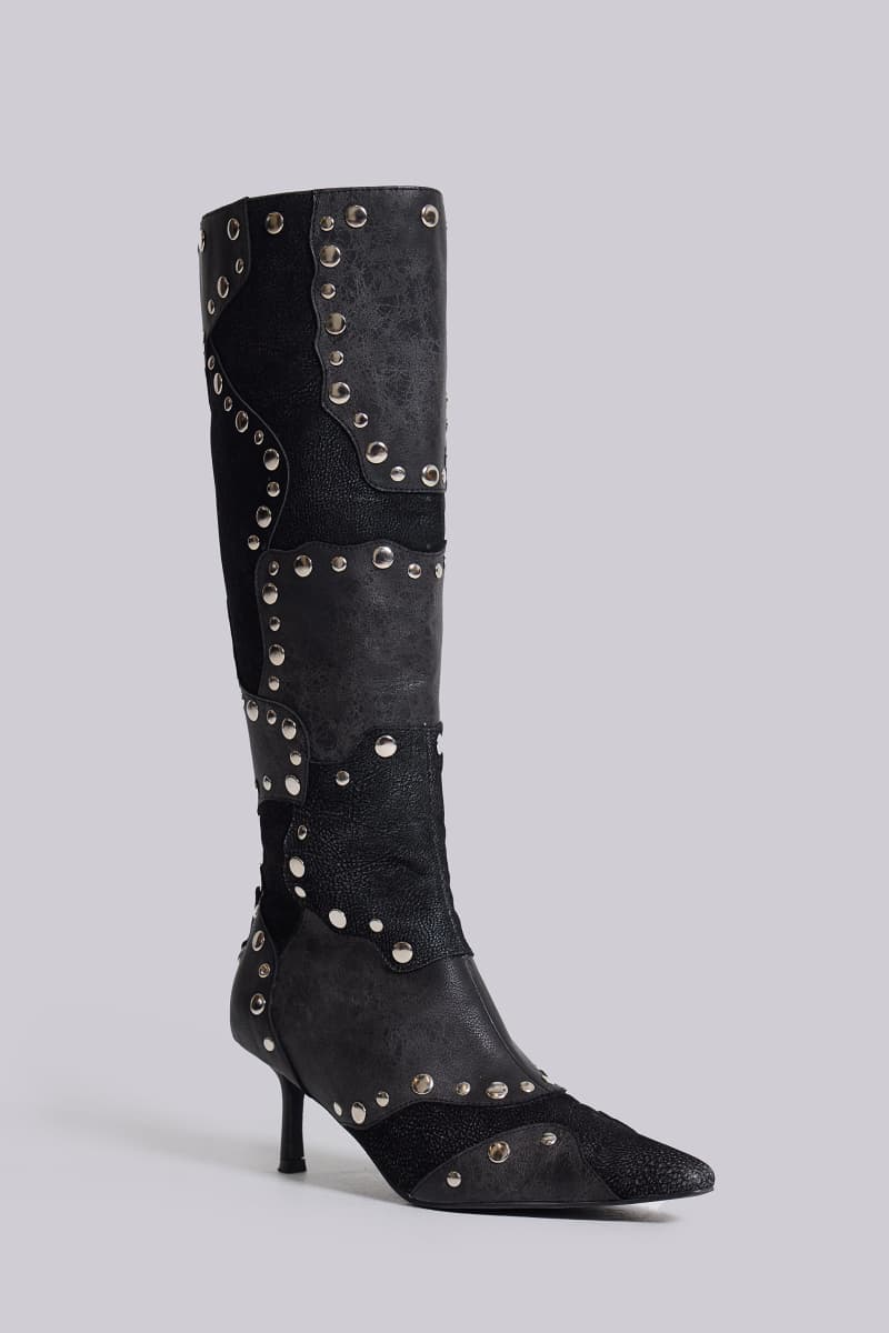 Jaded London Shadow Studded Knee High Boot Black