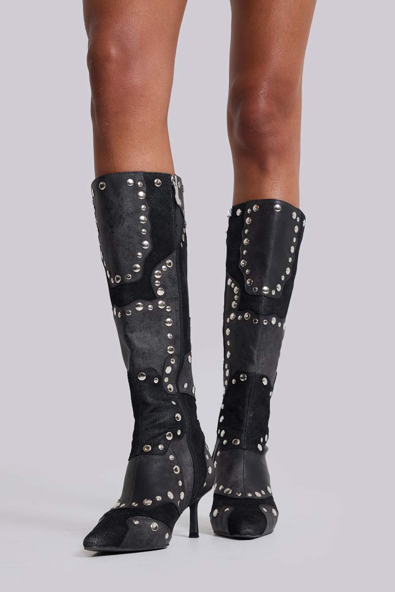 Jaded London Shadow Studded Knee High Boot Black