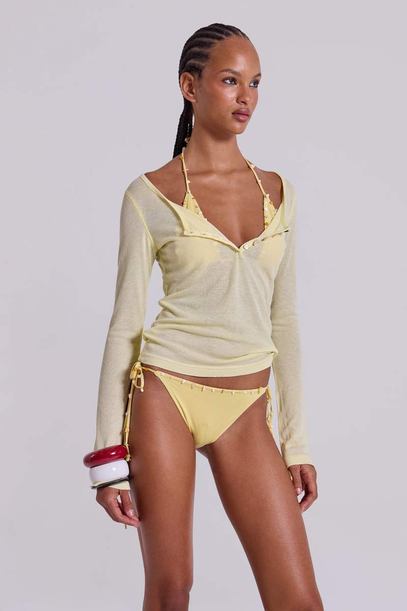 Jaded London Sheer Henley Top In Buttercup Yellow