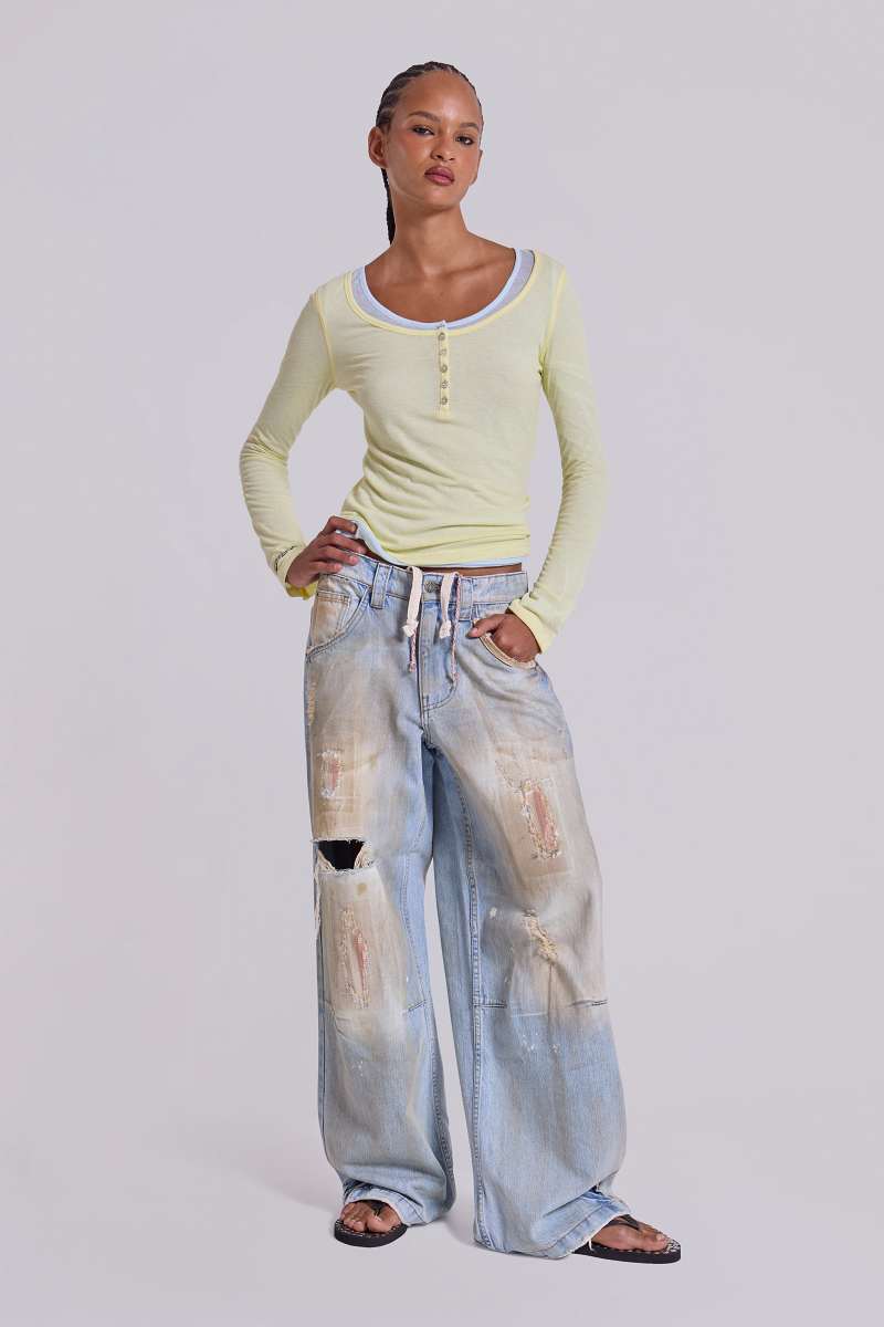 jaded london Sheer Henley Top in Buttercup Yellow