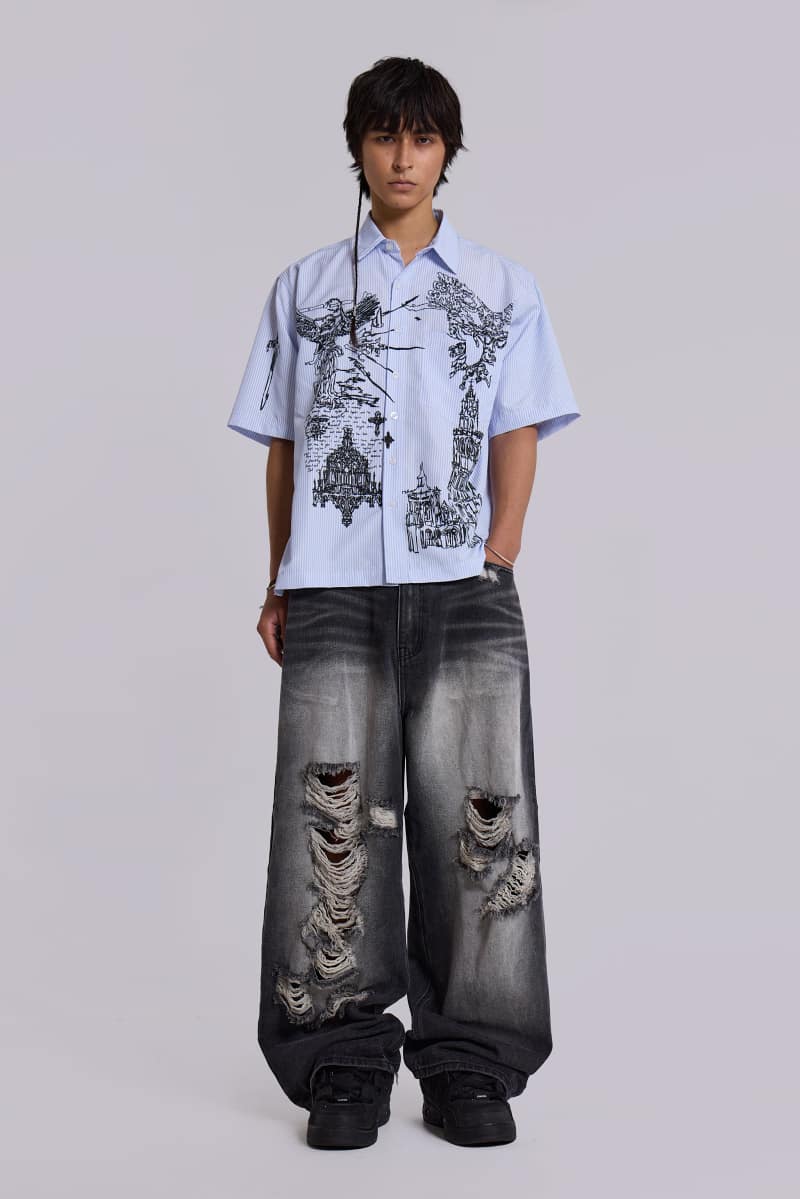 Jaded London Sketch Pinstripe Shirt Blue