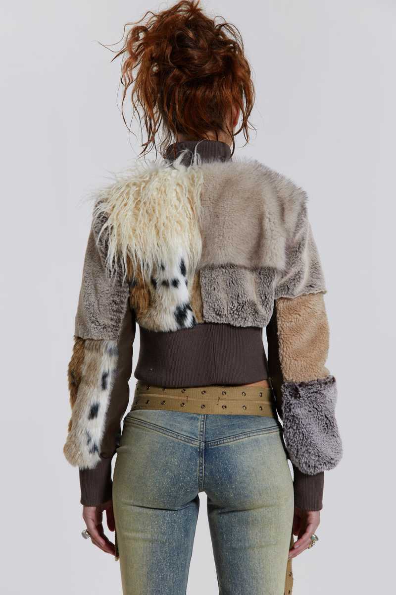 Jaded London Soho Faux Fur Bomber Jacket Brown