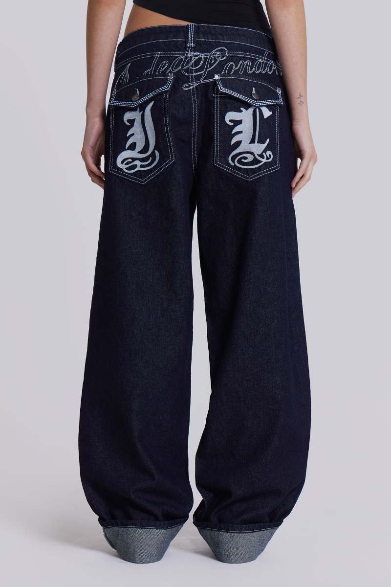 Jaded London Sonic Embroidered Baggy Jeans Blue