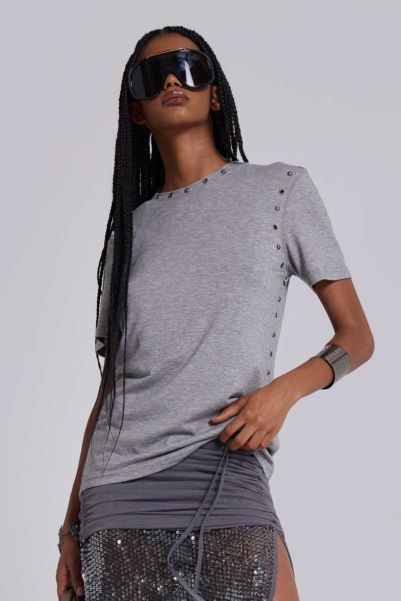 jaded london Studded Grey Mist T Shirt Grey