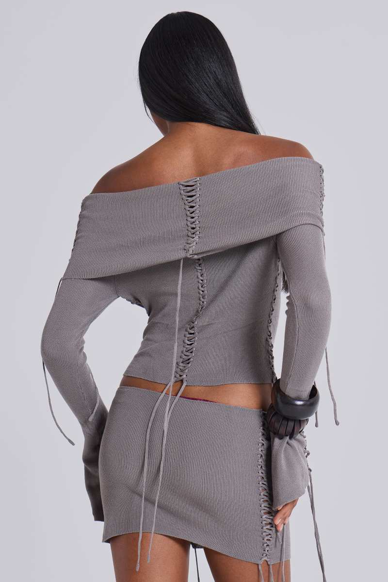 Jaded London Vargo Knit Lace Up Mini Skirt Grey