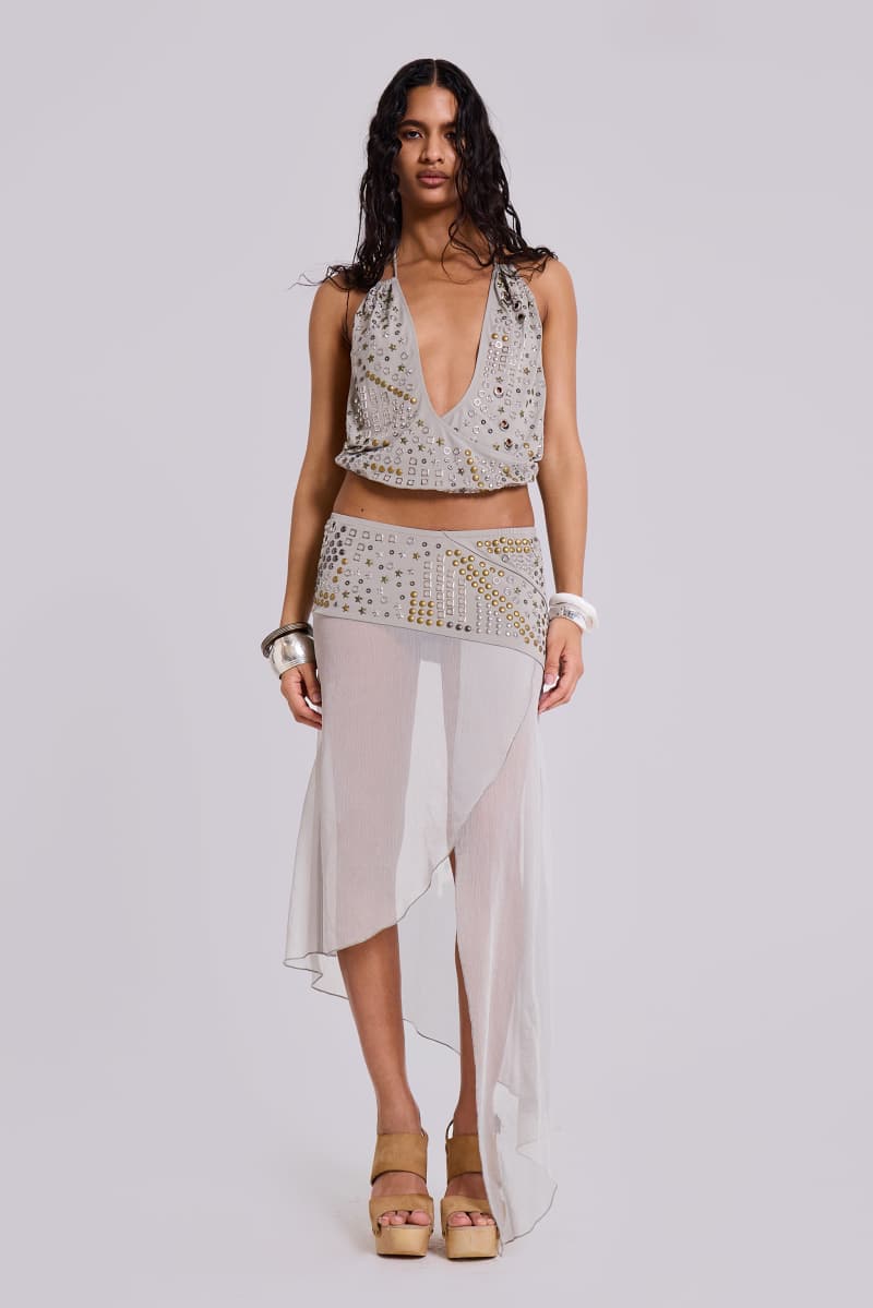Jaded London Xtal Studded Backless Plunge Top Grey