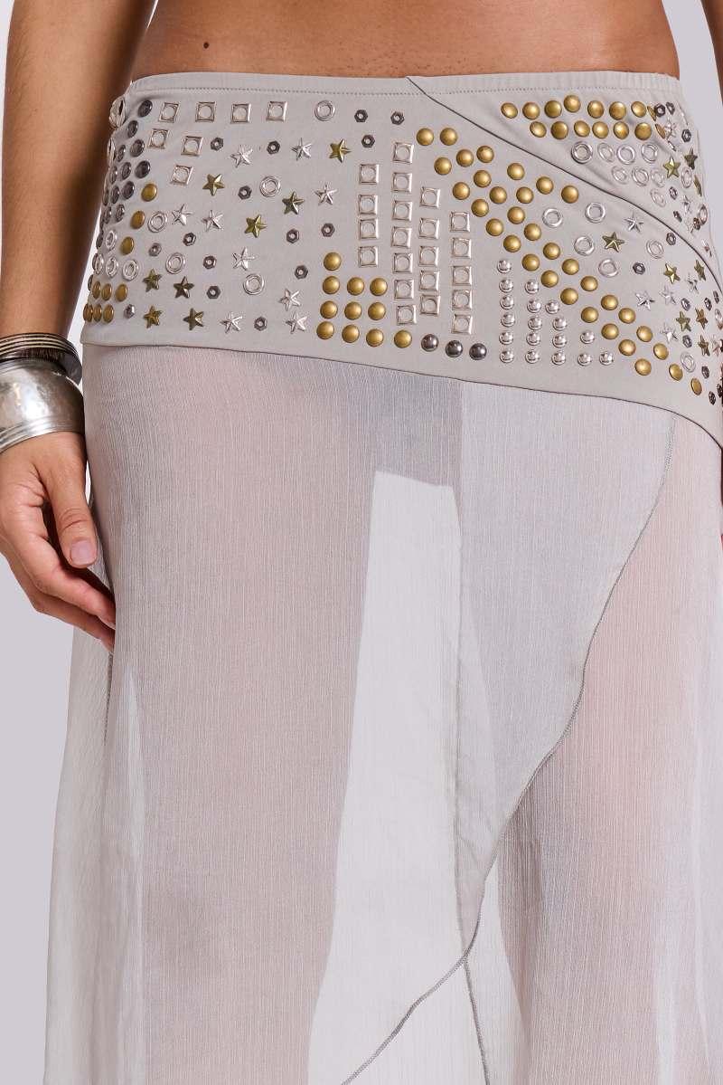 Jaded London Xtal Studded Chiffon Midi Skirt Grey