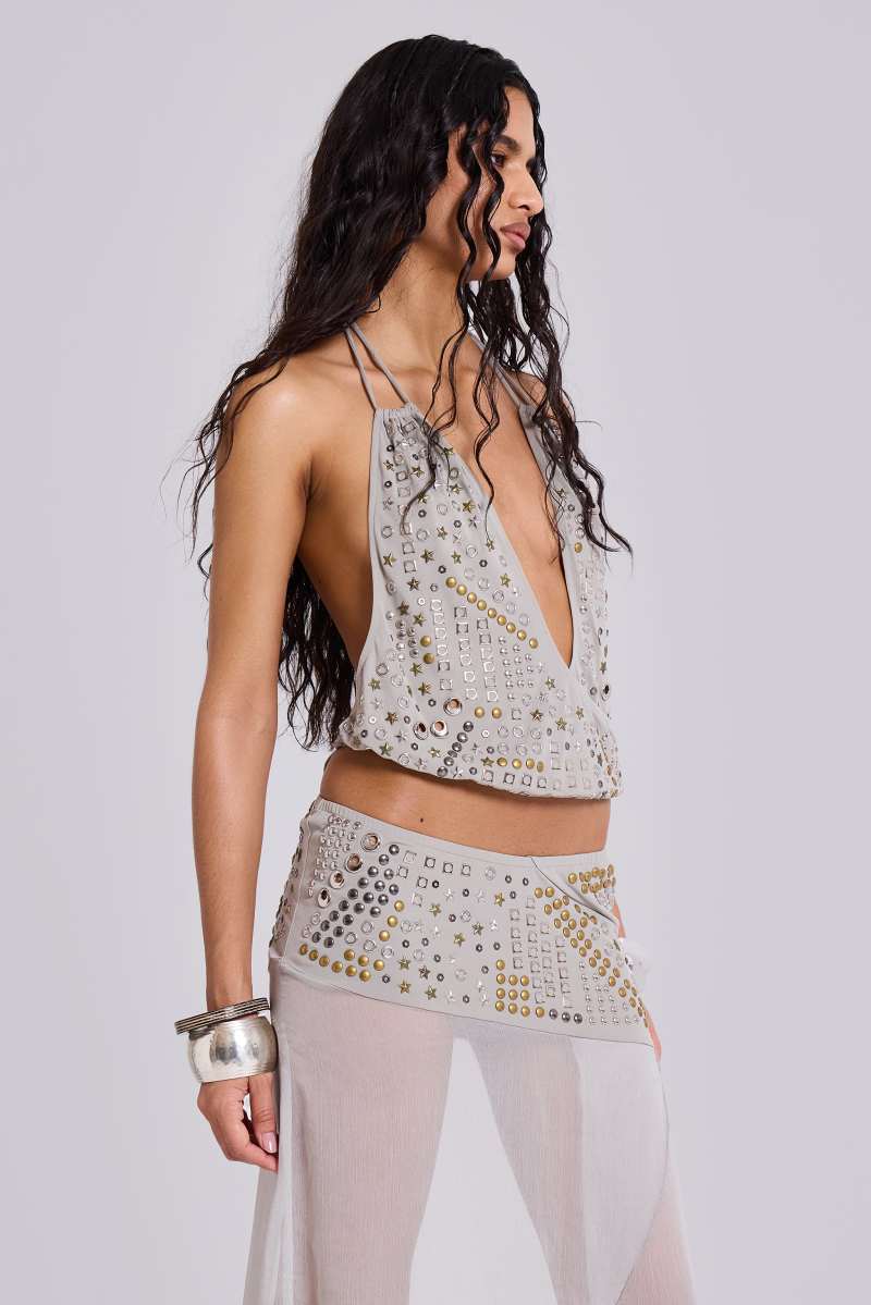 Jaded London Xtal Studded Chiffon Midi Skirt Grey