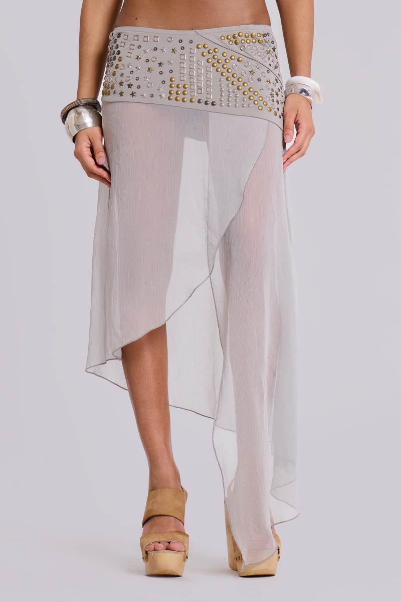 jaded london Xtal Studded Chiffon Midi Skirt Grey