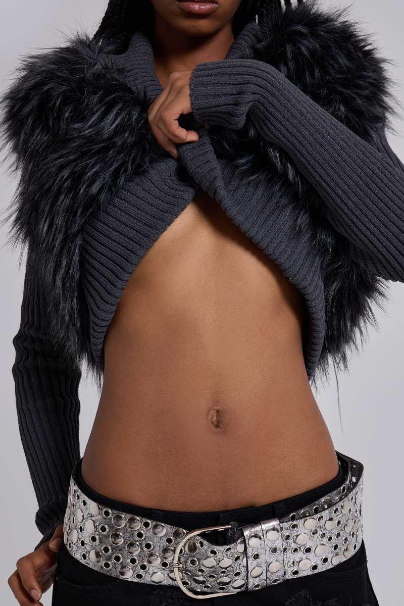 Jaded London Zeka Faux Fur Knit Shrug Grey