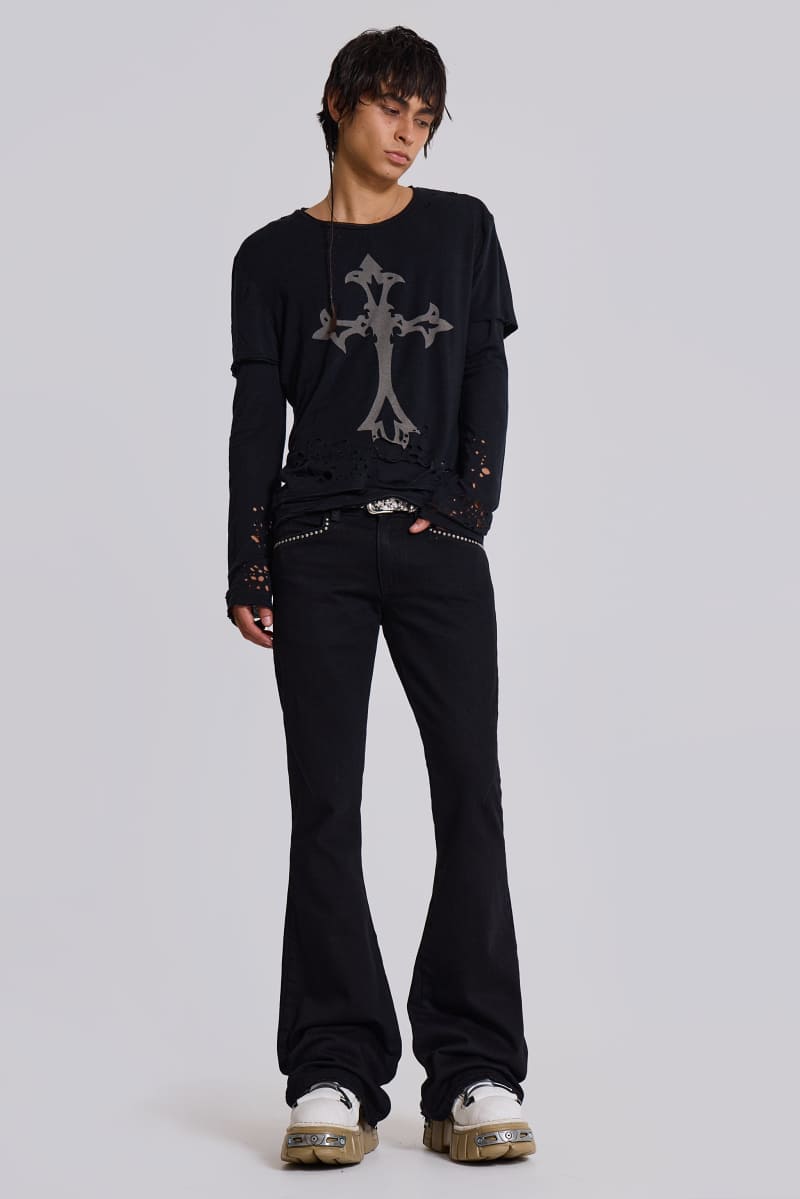 Jaded London Jet Black Studded Drift Flared Jeans Black
