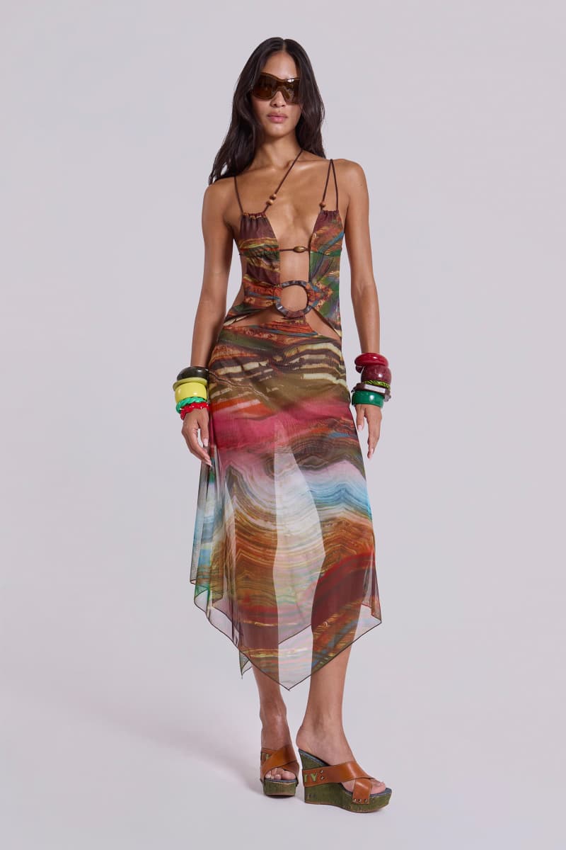 Jaded London Kaia Midi Dress With Wooden Trims Multi