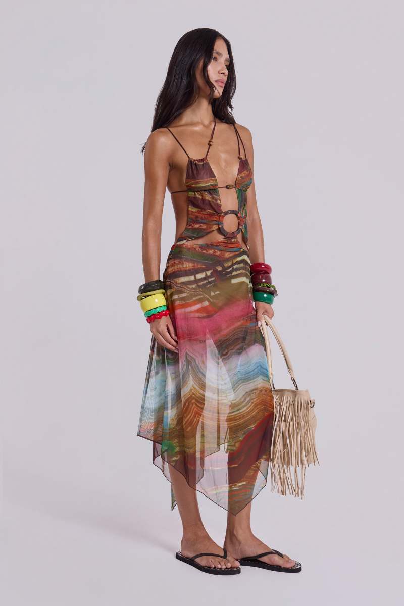 Jaded London Kaia Midi Dress With Wooden Trims Multi