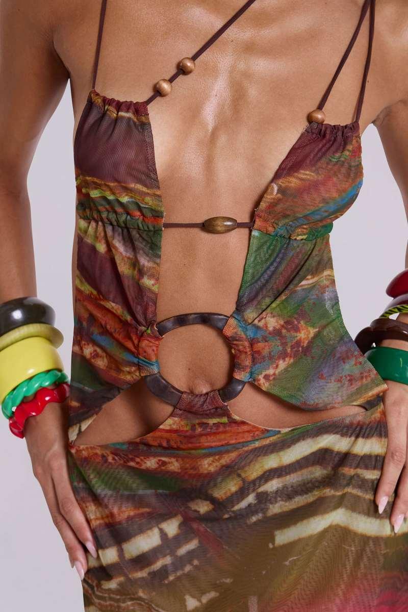 jaded london Kaia Midi Dress with Wooden Trims Multi