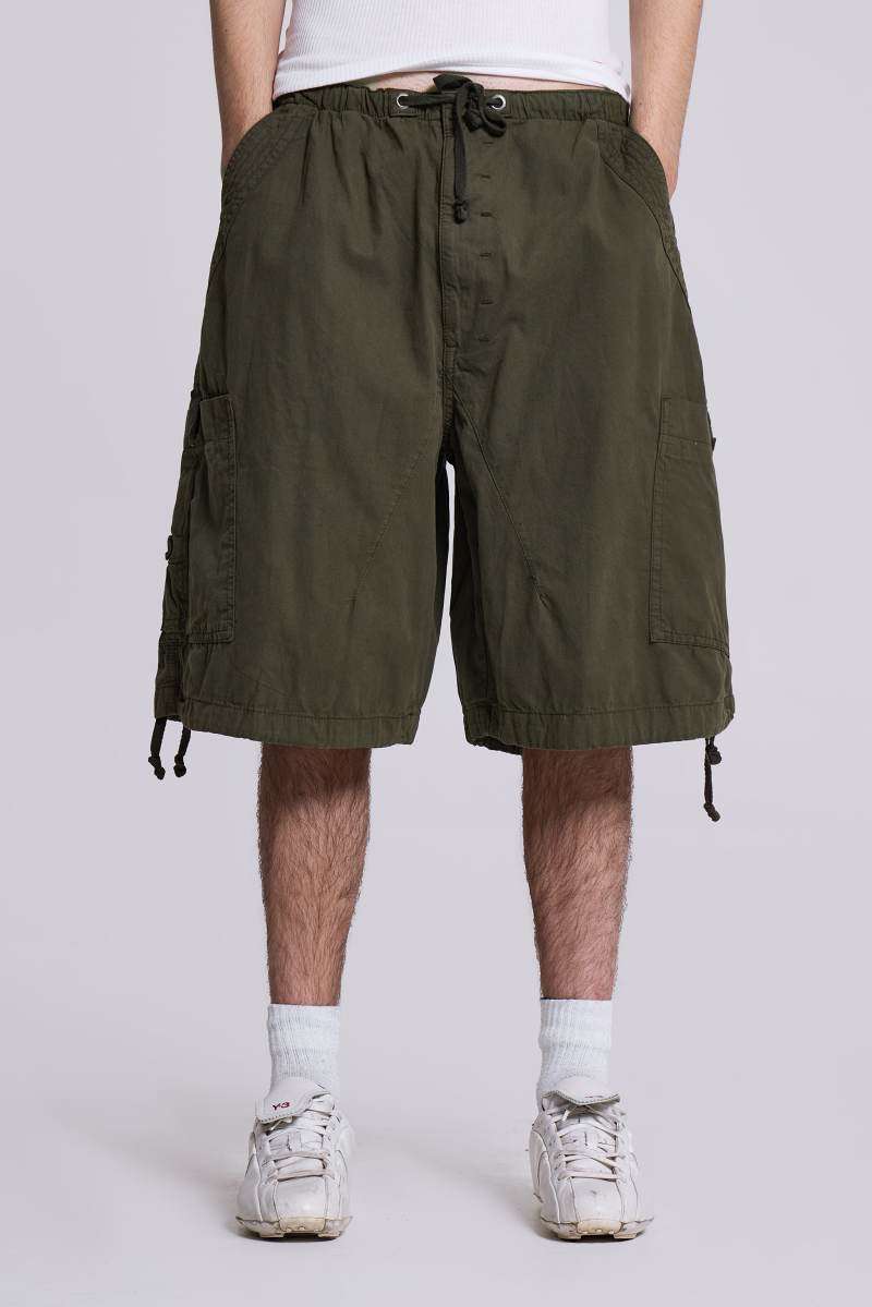 Jaded London Khaki Parachute Cargo Baggy Shorts Khaki