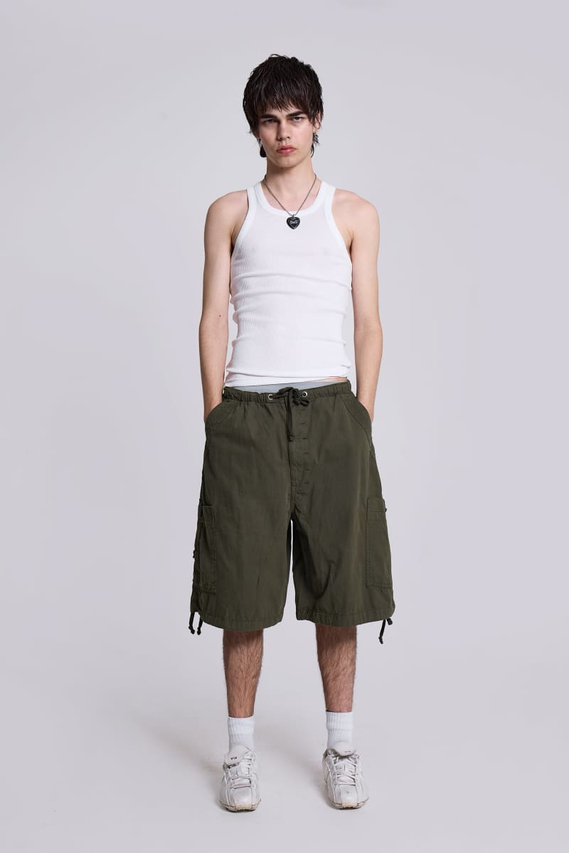 Jaded London Khaki Parachute Cargo Baggy Shorts Khaki