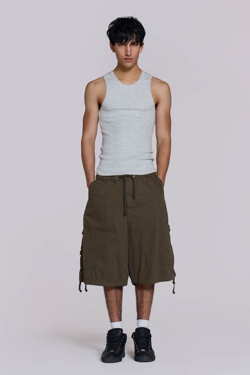 jaded london Khaki Parachute Cargo Baggy Shorts Khaki